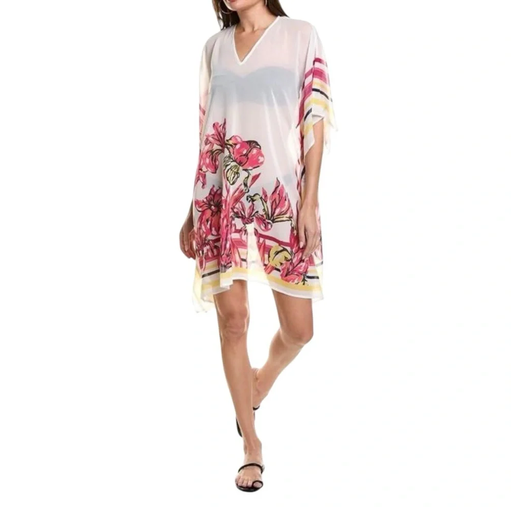 Carmen Marc Valvo Hibiscus V-Neck Caftan Cover Up NWT